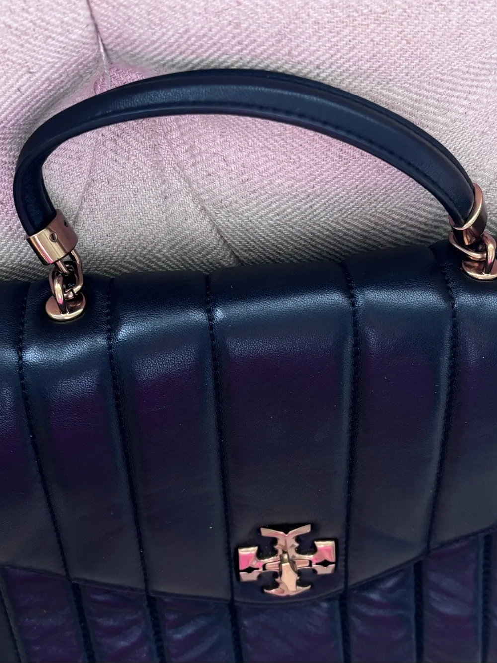 Tory Burch Kira Small Black Leather Single Top Handle Quilted Satchel Handbag